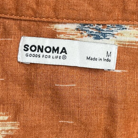 Sonoma Men’s Orange White Patterned Linen Cotton Button Up Shirt Size M - Picture 2 of 4